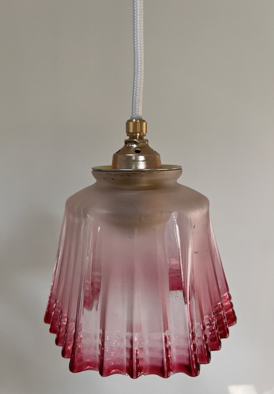 Lampada a Sospensione Stile Art Déco / Anni '30 – Vetro Rosa Satinato a Coste – Lampade a sospensione, Glass (photo 2 of 9)