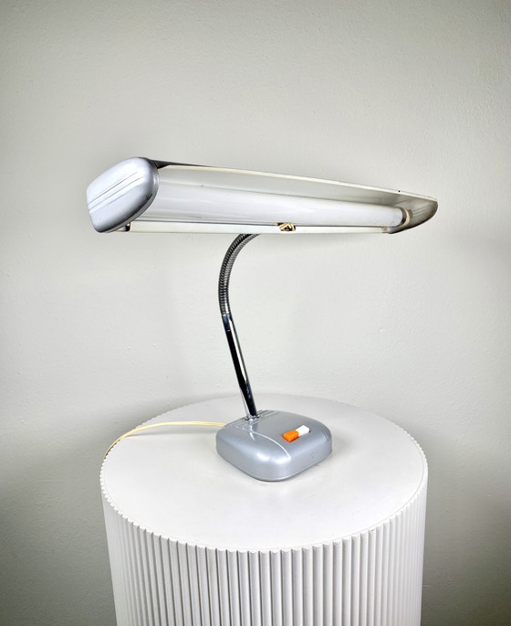 Image 1 of Vintage 1970s Industrial Piano Style Desk/Table Lamp in Grey with a Chrome Gooseneck - Mid-Century Modern Japanese Design