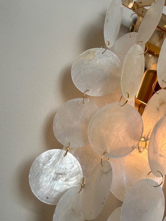 Image 1 of Set of 2 Capiz Shell Wall Lights Pearl Opaline Gold Frame