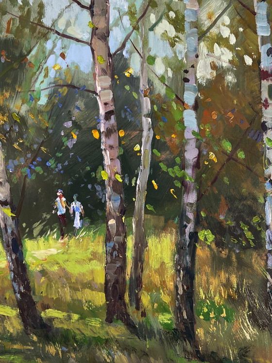 Image 1 of Peinture à l'huile originale, paysage naturel, prairie, promenade parmi les bouleaux