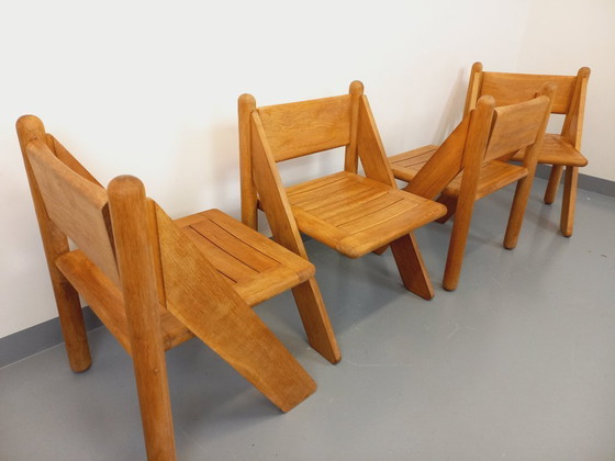 Image 1 of Exceptional suite of a large rectangular table and 4 vintage Brutalist chairs in solid oak from the 60s