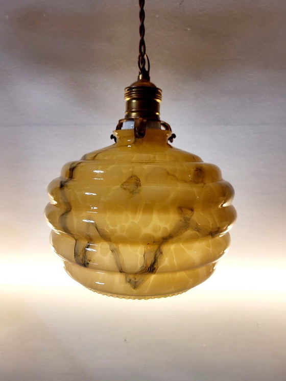 Image 1 of Art deco opaline glazen hanglamp, gemarmerd, messing, jaren 1930