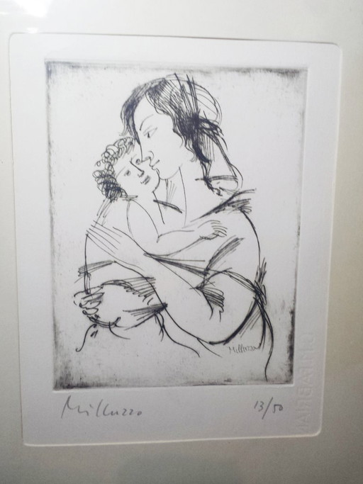 Gravure des années 1960, Milluzzo, Italie, Mère et enfant