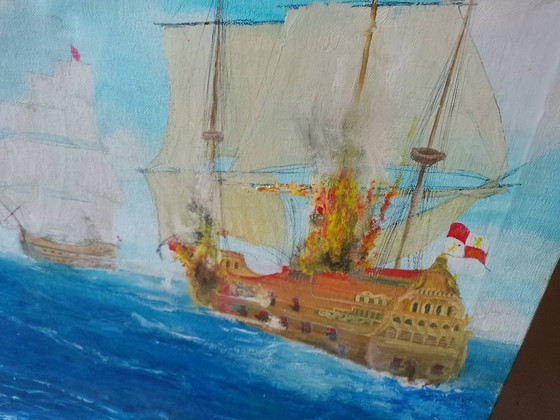 Image 1 of Gran Óleo sobre lienzo batalla Naval firmado 