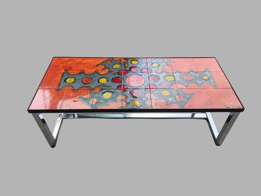 Mesa de centro Belarti con panel de azulejos de cerámica y estructura cromada, Bélgica, años 60-70.
