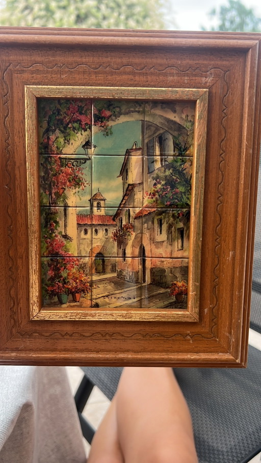 Vintage Spanish ceramic tile panel depicting an atmospheric street scene of the city of Ronda (Málaga) in Andalusia