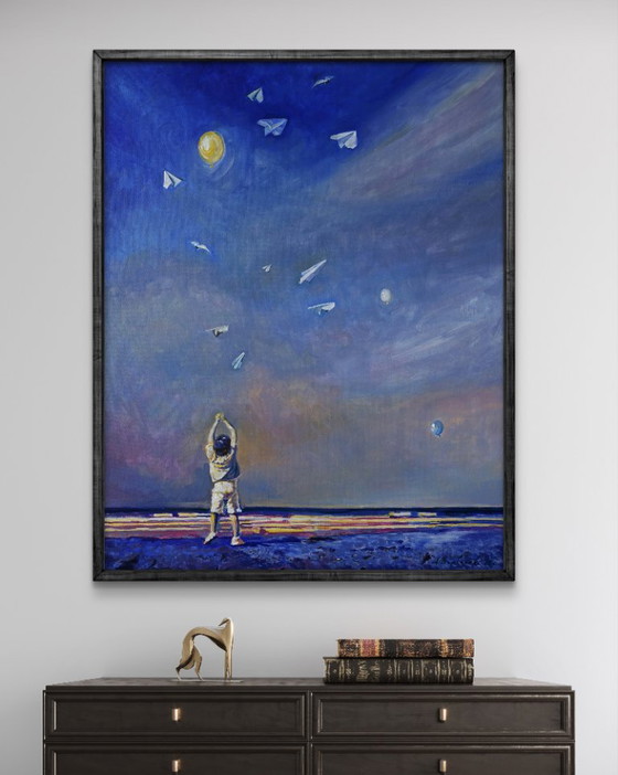 Original Oil Painting Modern Art Symbolism Sky White Wings – Paintings & Drawings, Canvas (photo 2 of 7)