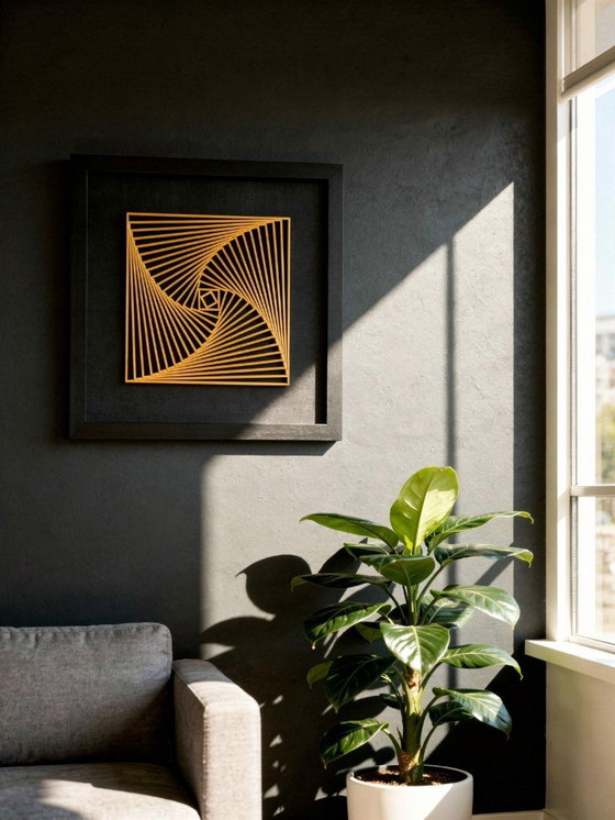 Image 1 of 3D-geprinte gele spiraalvormige wanddecoratie – geometrisch ingelijst kunstwerk, PLA-sculptuur