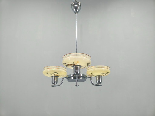 Art Deco Chandelier by Napako, Chrome & Marble Glass, 1930s