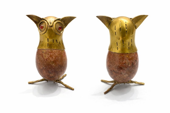 Image 1 of RARE Mid-Century Brass & Pink Natural Stone Owl Sculpture – Italy 1970s – Unique Piece