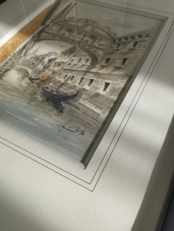 Image 1 of The Bridge of Sighs, Venice - Watercolor drawing dated 1990, signed and framed