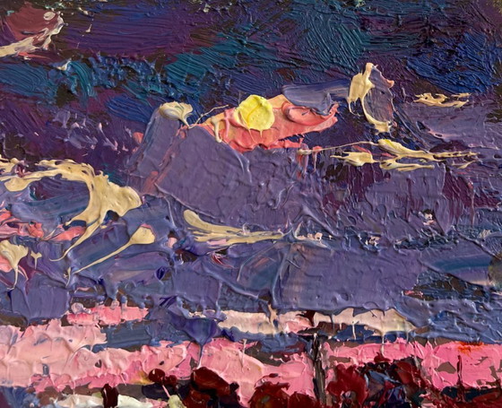 Image 1 of Original Oil Painting Evening Village Landscape Pink winter evening