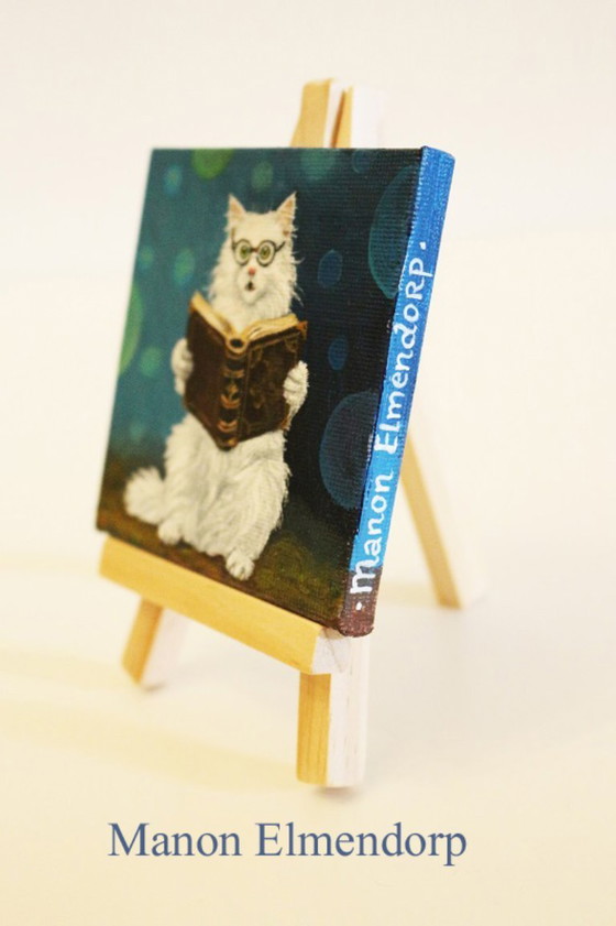 Unique Hand-Painted Small Cat Painting with Magic Book – Paintings & Drawings, Wood, Canvas (photo 4 of 6)