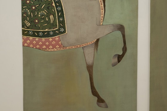 Image 1 of Toile peinte figurant un cheval indien robe claire, de profil. Contemporain.