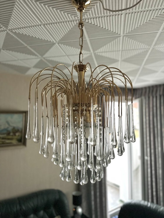 Lampadario a cascata con gocce di cristallo di Murano italiano, ottone dorato, Venini, vintage anni '70 (photo 5 of 6)