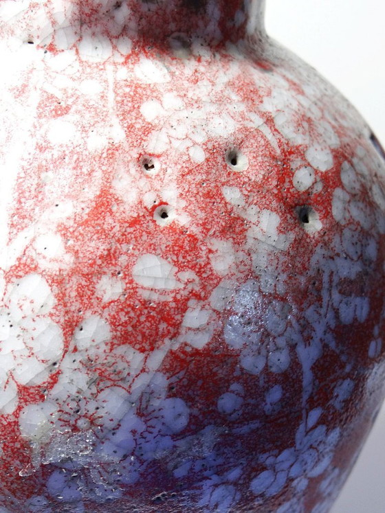 Image 1 of Vaso in ceramica raku smaltata vintage anni '80-'90 con decorazione a fiori di ciliegio.