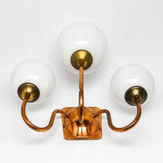 Dreiarmige Wandleuchte aus poliertem Kupfer, 1970er Jahre, Wandleuchten, Glas, Messing, Braun (Foto 2 von 7)