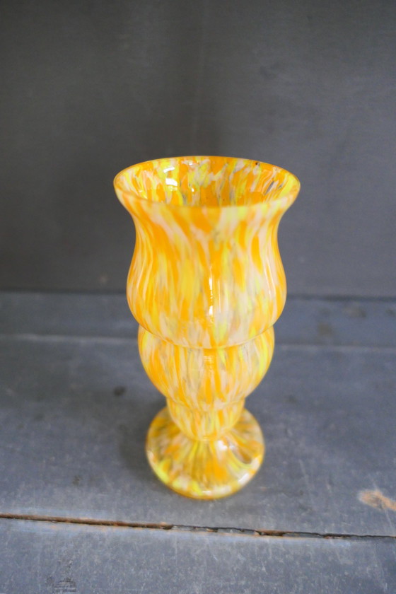Image 1 of Vaso in vetro spruzzato vintage Franz Welz arancione giallo
