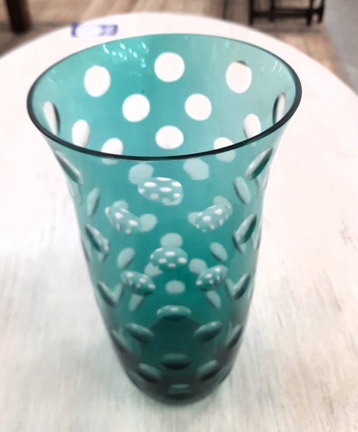 Vase Vintage Capri Dots (Turquoise) en verre par Hazel Atlas USA