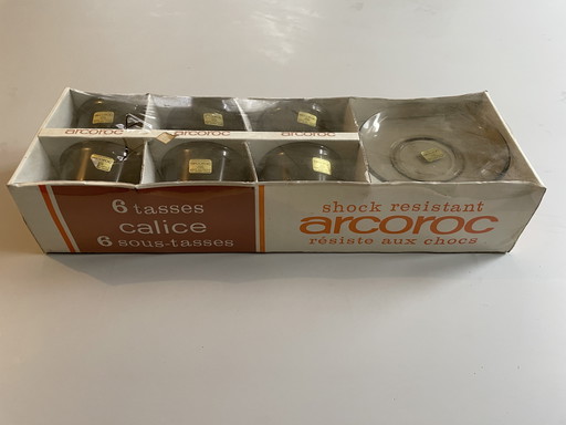Französisches Arcoroc-Vintage-Glas: Schachtel mit 6 Tassen und Untertassen