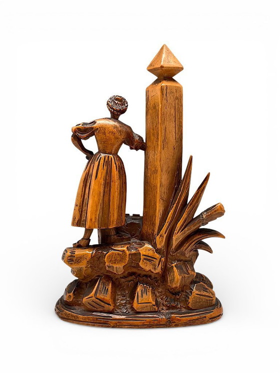 Image 1 of Antique Black Forest thermometer – Hand-carved wood carving with female sculpture (c. 1880–1920)
