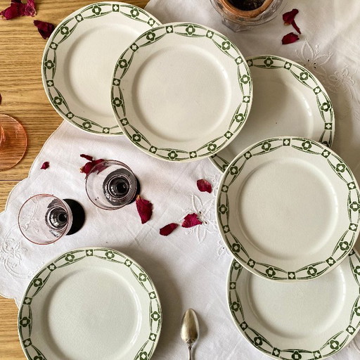 Set of 6 dessert plates, Creil and Montereau Labrador pattern, Annecy green, ironstone.