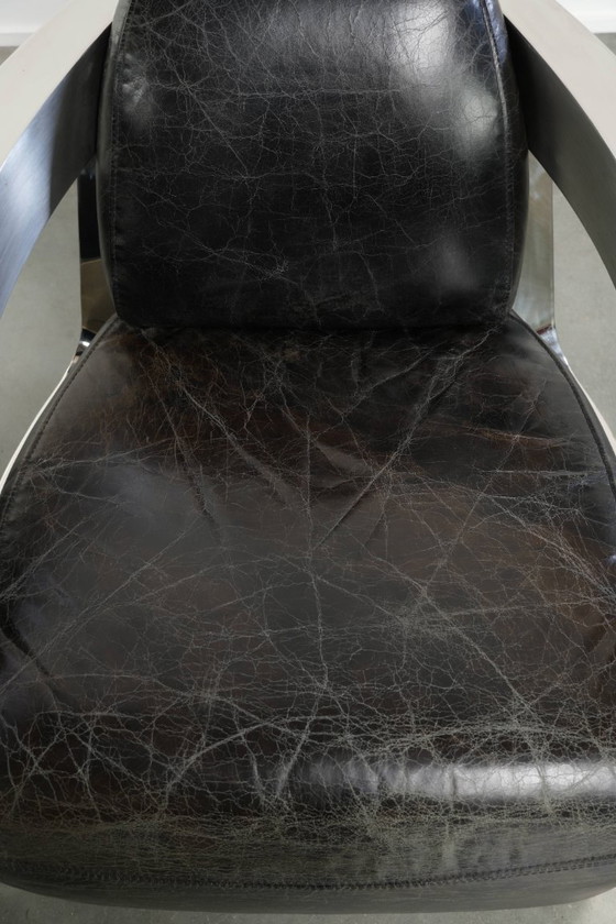 Industrial set of two black cowhide Aviator design armchairs with aluminium and rivets – Leather (photo 5 of 14)