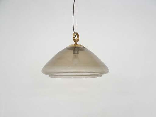 Mid-century smoked glass and brass pendant light