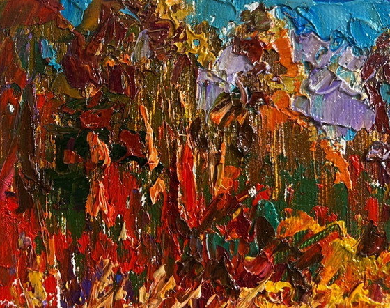 Image 1 of Original Oil Painting Autumn Forest Landscape There is a lake on the outskirts