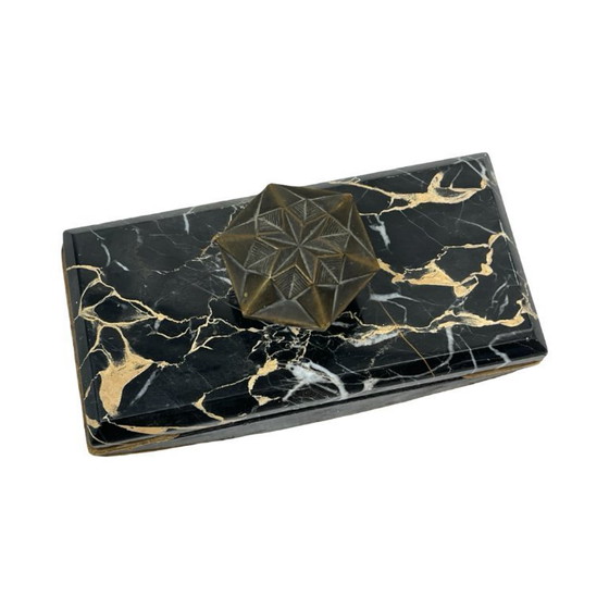 Image 1 of Art Deco Executive Desk Set: Letter Holder and Blotter – Portoro Marble and Brass – 1930s
