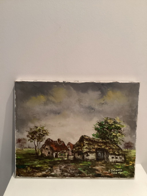 Pintura al óleo - Paisaje flamenco sobre lienzo - H.Debaere (1978) - 25x30 cm.