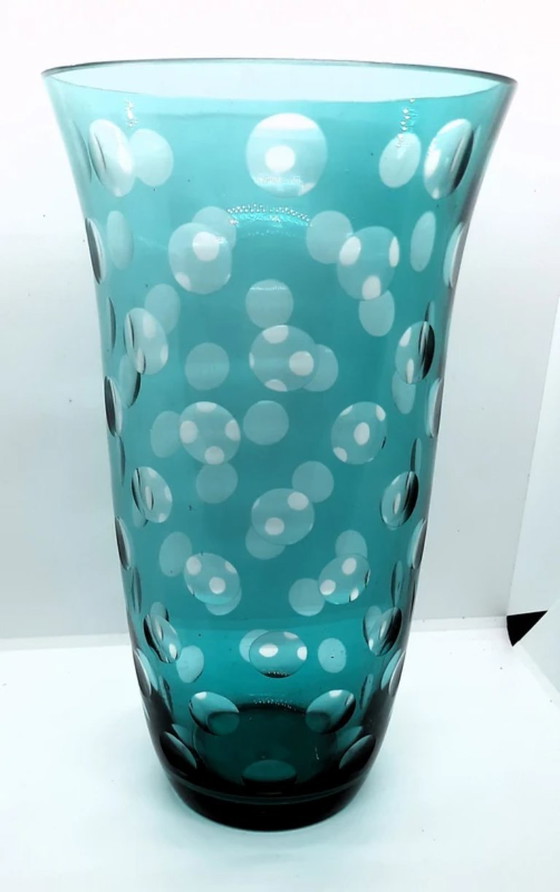 Image 1 of (W014) Vaso vintage in vetro artistico a pois turchesi: fascino bohémien di metà secolo!