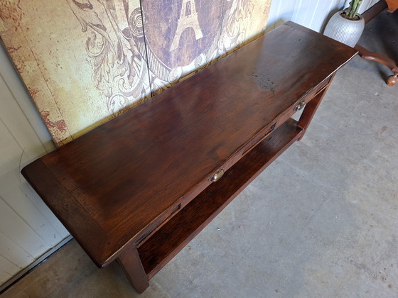 Image 1 of Low teak side table, console table. Console TV unit dimensions: 142x40cm and 60cm high.