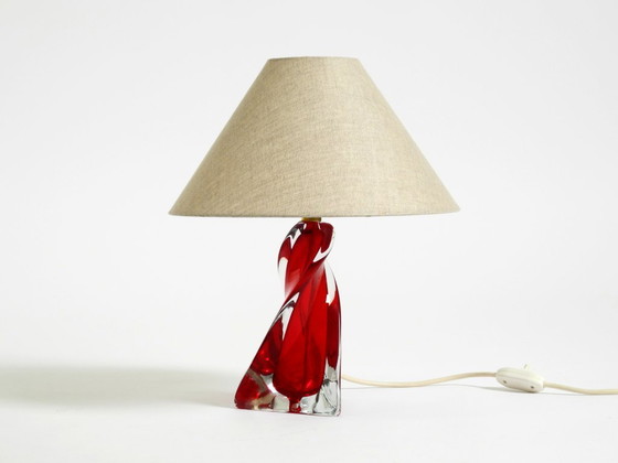 Image 1 of Beautiful heavy mid-century modern table lamp made of solid crystal glass in red and transparent