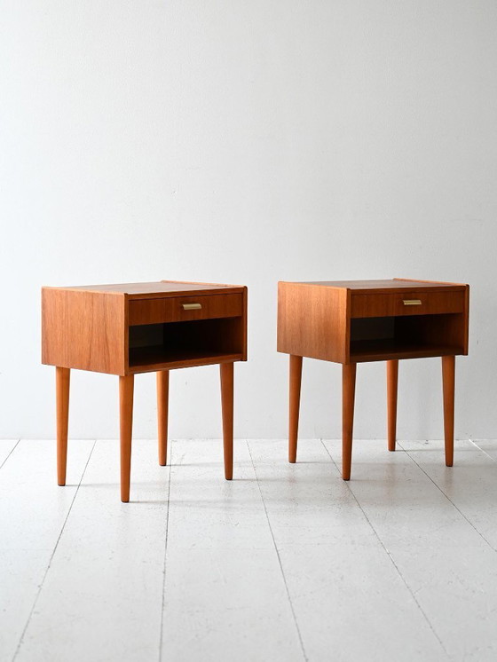Image 1 of Pair of Vintage Scandinavian Nightstands with Brass Handles