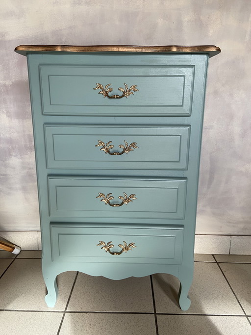 Louis XV style chest of drawers, restyled in blue-green and wood - gold handles - Bohemian chic
