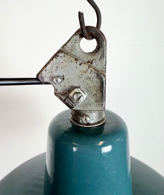 Image 1 of Industrial Petrol Enamel Factory Lamp with Cast Iron Top, 1960s