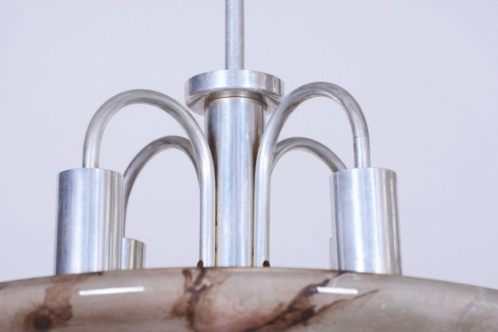 Restaurierter Art-Deco-Kronleuchter, Aluminium, Marmorglas, neu verkabelt, Tschechien, 1940er Jahre (photo 5 of 12)