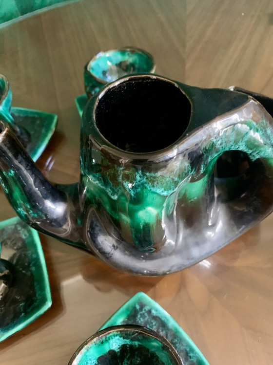 Service À Café / Thé Sculptural Vallauris Vintage — Émail Vert Émeraude Réactif & Noir Profond (Années (photo 9 of 15)