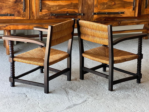 PAIR OF OAK AND WOVEN REED ARMCHAIRS 1940