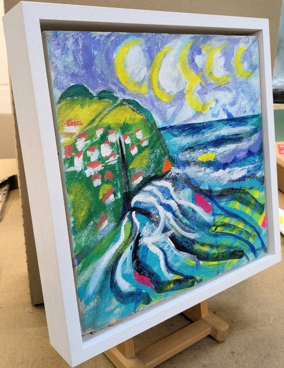 Image 1 of LYNMOUTH EXMOOR SEASCAPE CANVAS PAINTING SIGNED SEA COAST NIGEL WATERS FRAMED