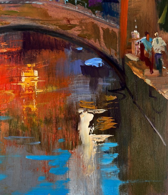 Image 1 of Original Oil Painting River Street Landscape Bridge connecting the city banks