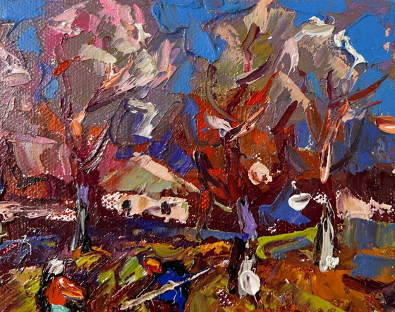 Image 1 of Original Oil Painting Autumn Village Landscape Waking garden beds