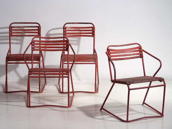 Sedie da giardino rosse antiche (c.1920). Set di 4 pezzi #37 – Wood, Iron (photo 2 of 40)