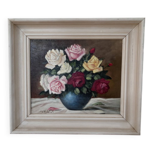 Peinture à l'huile originale vintage représentant des roses, signée.