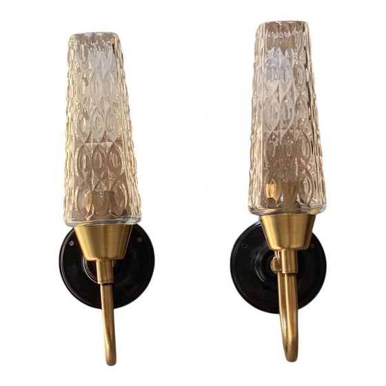 Pair of Brass Wall Sconces with Square Tulip Shades in Clear Glass – Wall lights (photo 9 of 9)