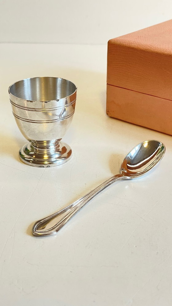 Image 1 of Vintage Silver-Plated Metal Egg Cup and Spoon for Birth