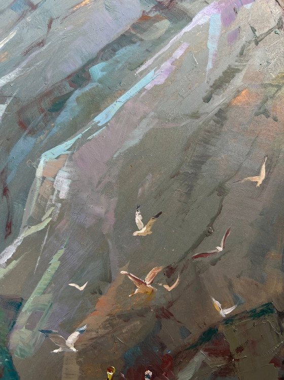 Image 1 of Pintura al óleo original Paisaje rocoso costero Susurro de las olas del mar