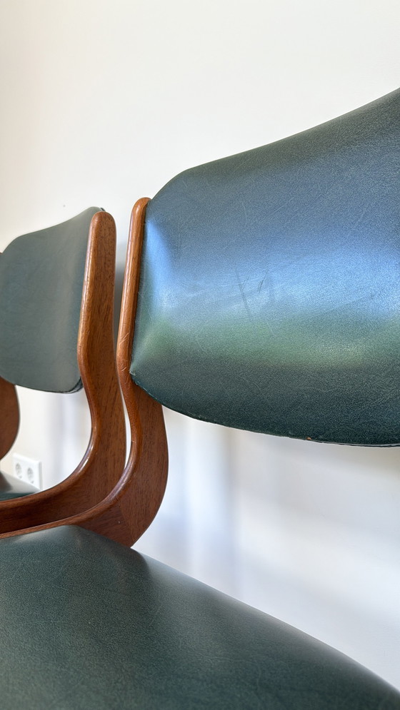 Image 1 of Four vintage wooden chairs with green faux leather