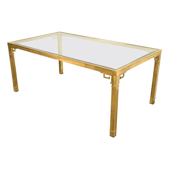 Table de salle à manger italienne méditerranéenne en acier plaqué laiton effet bambou et plateau en verre (photo 5 of 21)